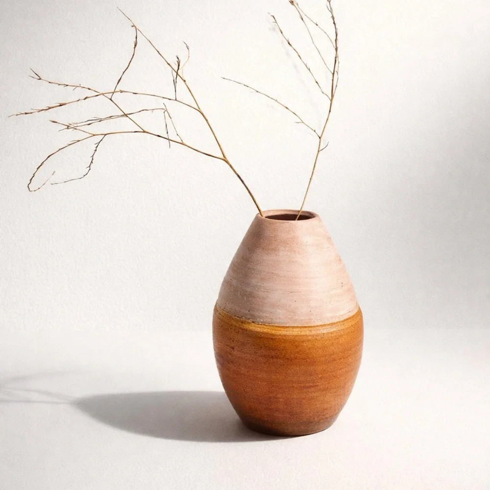 MID-CENTURY‎ STYLE HANDMADE VINTAGE STUDIO POTTERY VASE ORANGE/WHITE MCM BOHO